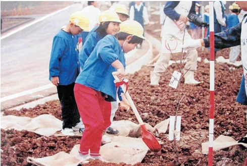 上画像／ニュートン所縁の品種、フラワー・オブ・ケントの花。
下画像／1990年晩秋、英国王立園芸協会から譲渡されたりんご品種の苗木を英国大使館書記官・保育園児らが並木に植樹。